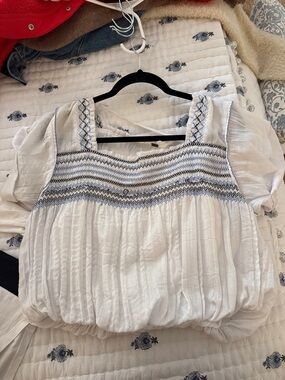 Free People White Smocked Square-Neck Peasant Blouse with Blue Stitching